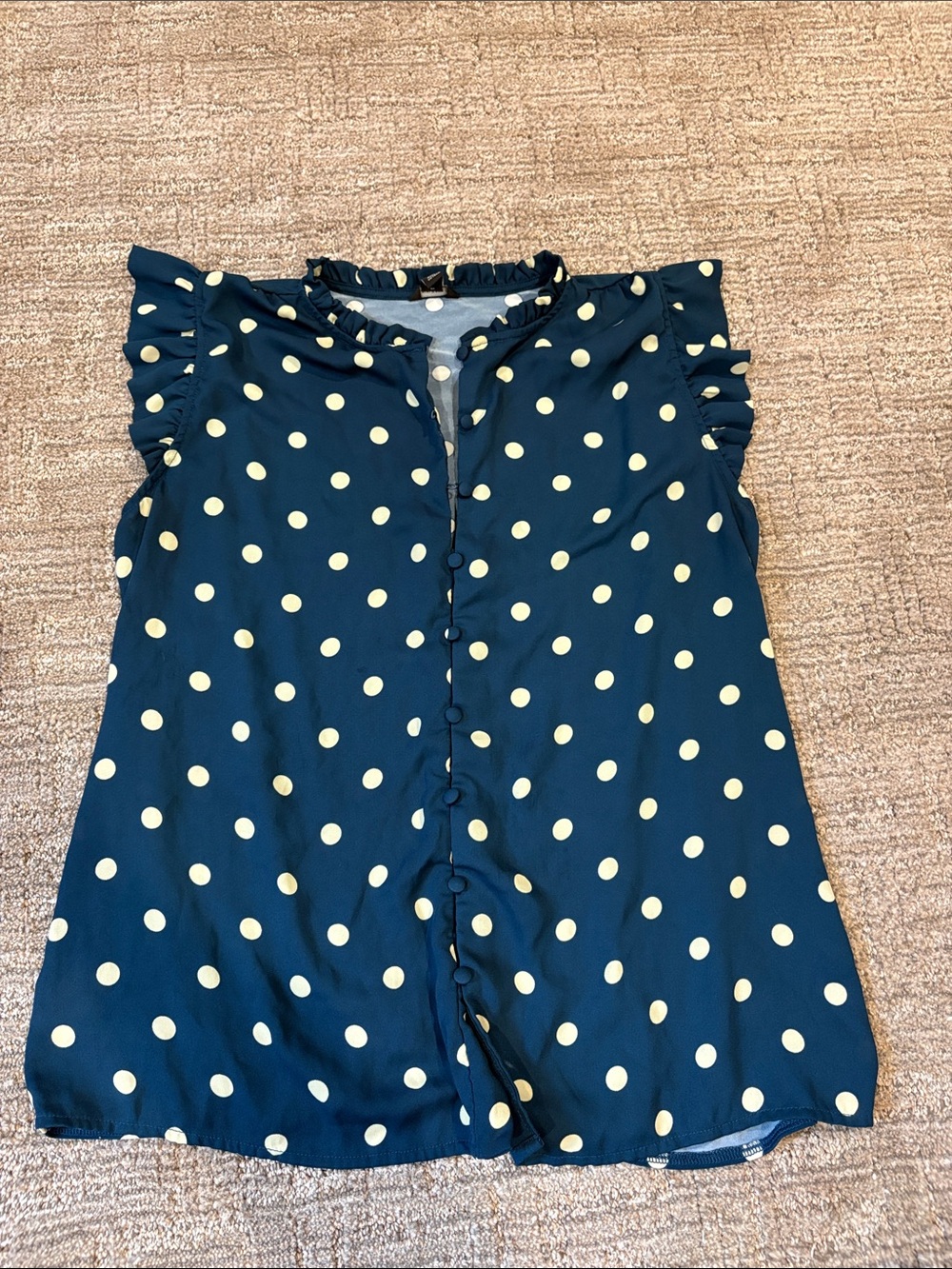 Ann Taylor Navy and Cream Polka Dot Ruffle-Sleeve Tank
